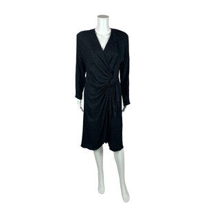 Vintage 80s Silk Dress Women's Large Black Long Sleeve Rosette Gathered Waist